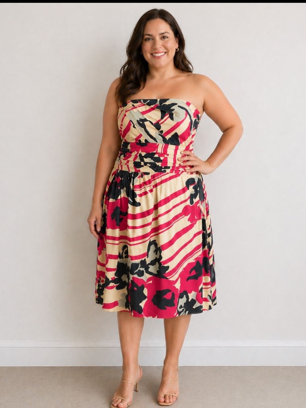 The Limited Strapless Black, Beige, & Pink Knee Length Dress Size 14